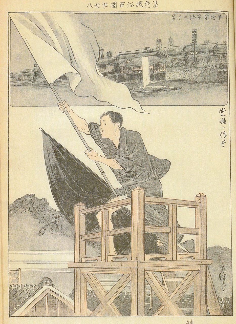 堂島米市場から旗を振って相場を伝える様子。絵の上部には、建物の屋根に旗振り場が設置されている図も描かれている(風俗画法第276号「浪花風俗百圖圖解(其二十八)堂島の信號」、国立国会図書館蔵)。