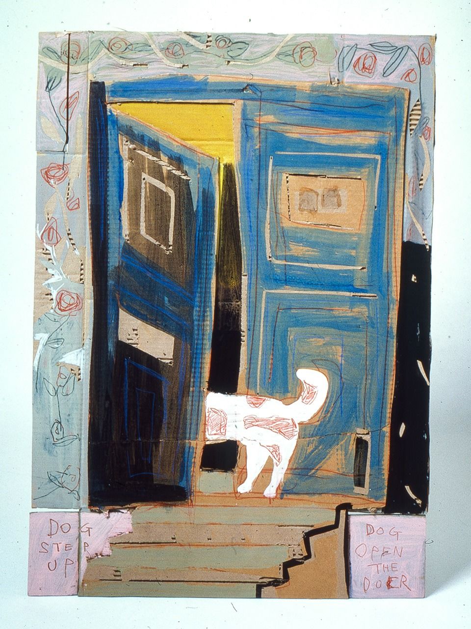 日比野さんがダンボールにアクリル絵の具で描いた作品「DOG OF THE DOOR」（1983/個人蔵）（写真提供：ヒビノスペシャル）
