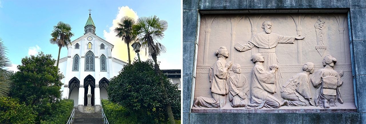 (左)1864年に完成した大浦天主堂(国宝)。現存するキリスト教建築物としては日本最古(右)信徒発見の場面を再現したレリーフ。1965年、信徒発見100周年を記念して、大浦天主堂の階段近くの庭に建立された 写真=天野久樹