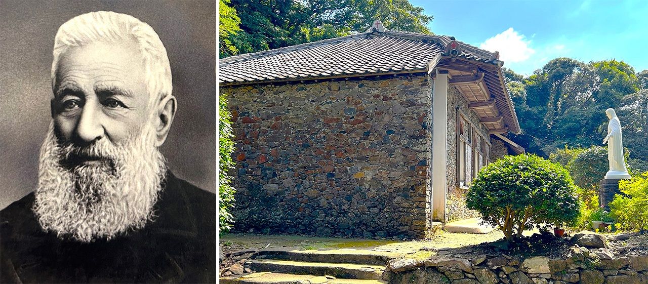 (左)与助が師と仰いだド・ロ神父 写真提供=鉄川進一級建築士事務所(右)ド・ロ神父が設計した大野教会(長崎市)。壁面は地元で採れた玄武岩を積み上げたド・ロ壁 写真=天野久樹