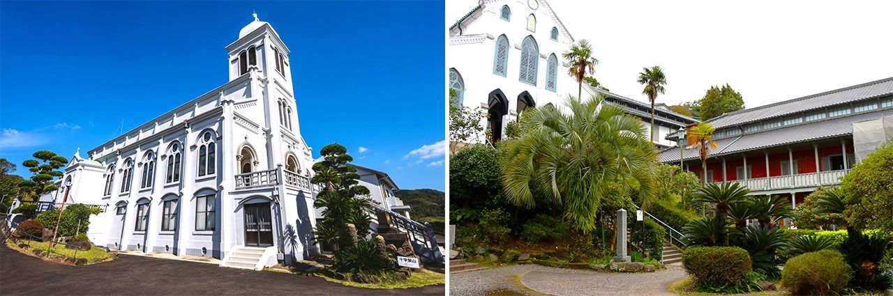 (左)紐差教会は旧浦上天主堂が原爆で倒壊し再建されるまでは日本一の規模を誇った 写真提供=九州観光機構(右)ド・ロ神父の設計、与助の施工で建てられた、大浦天主堂に隣接する旧長崎大司教館。原爆投下にも“無傷”だったことが与助の自慢だったという 写真=天野久樹