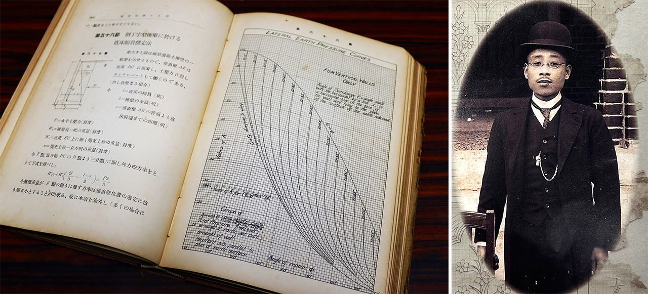 (左)与助が熟読した専門書『鐵筋混凝土工學』 (右)壮年期の鉄川与助。外出時は必ず黒の三つ揃えを着て、チョッキのポケットから懐中時計の鎖を垂らしていた 写真提供=鉄川進一級建築事務所