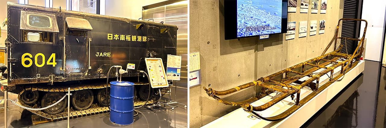 南極・北極科学館は2010年に開館。オーロラシアターや南極の氷や隕石などの実物展示を通して、極地について楽しく学べる (左)1968~69年に昭和基地から南極点までの往復5200kmを走破した雪上車(右)雪上車が活躍する前は犬ぞりが使用されていた 写真=天野久樹