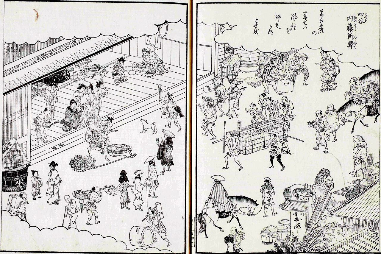 『江戸名所図会』の内藤新宿。左側の店頭に並んでいる女性たちが飯盛女だろうか。国立国会図書館所蔵