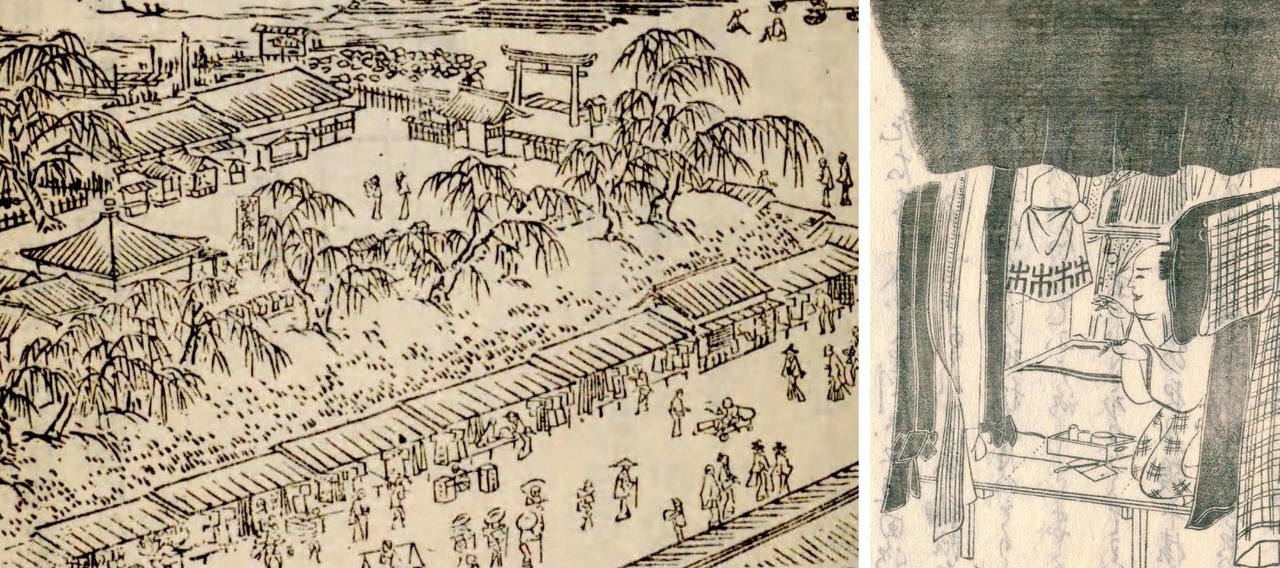 (左)『江戸名所図会 柳原堤』。並んでいる店舗が古着屋。(右)『江戸職人歌合』の古着店。ともに国立国会図書館所蔵