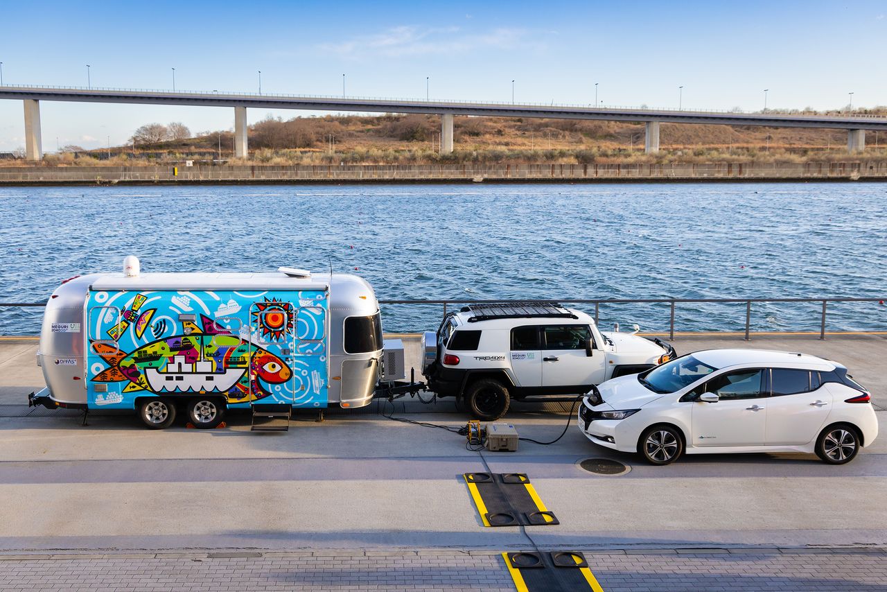 取材時には、日産の電気自動車「リーフ」から電源を取っていた