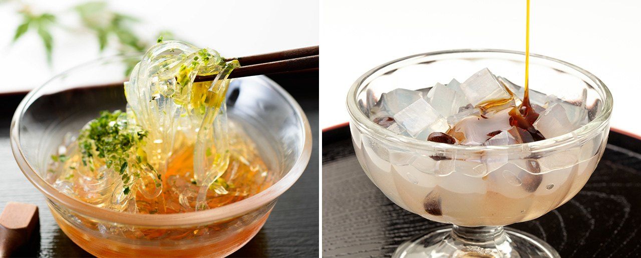 海藻から作られるところてん(左)と、そこから生まれたみつ豆の寒天(PIXTA)