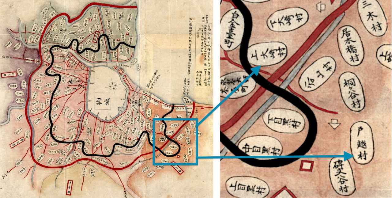 『旧江戸朱引内図』。左が全体、右は上・下大崎村と戸越村の部分を拡大。東京都公文書館所蔵