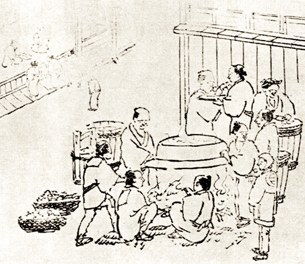 『炊き出しの図』。この絵も「天保の飢饉」のもので、打ちこわしで奪った米の一部を往来に持ち出した大釜で炊き、飢えた者に支給したという。出典:しながわデジタルアーカイブ