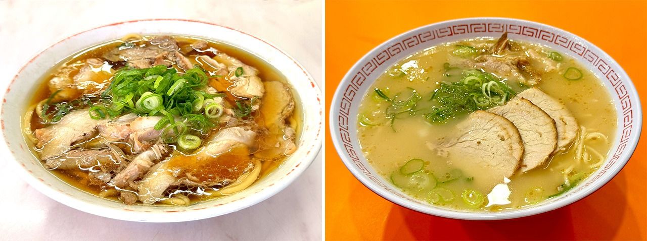 『中華そば 光洋軒』の「チャーシュー麺」(左)、『金龍ラーメン 道頓堀店』の「ラーメン」(右)