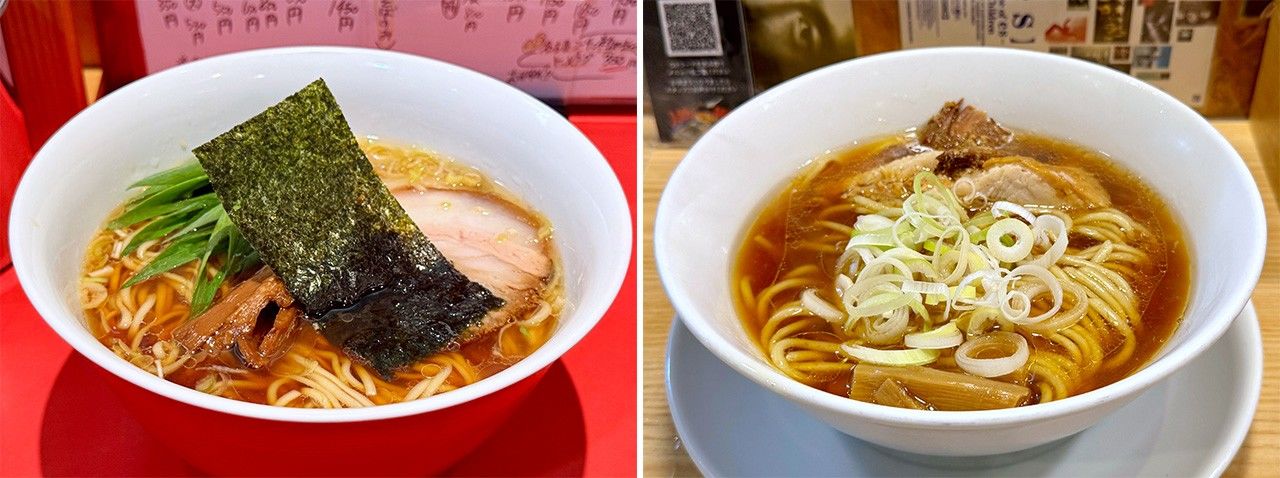 『カドヤ食堂 総本店』の「中華そば」(左)、『人類みな麺類』の「らーめん原点(薄切り焼豚)」(右)