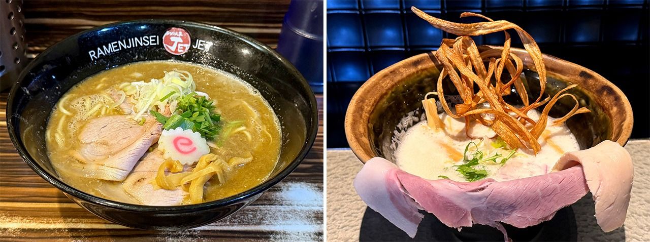 『ラーメン人生JET』の「鶏煮込みそば」(左)、『鶏 soba 座銀 本店』の「鶏soba」(右)