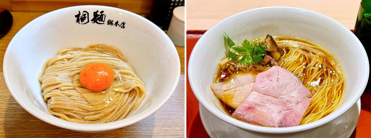 『中華そば 桐麺 総本店』の「桐玉」(左)、『麦と麺助』の「蔵出し醤油そば」(右)