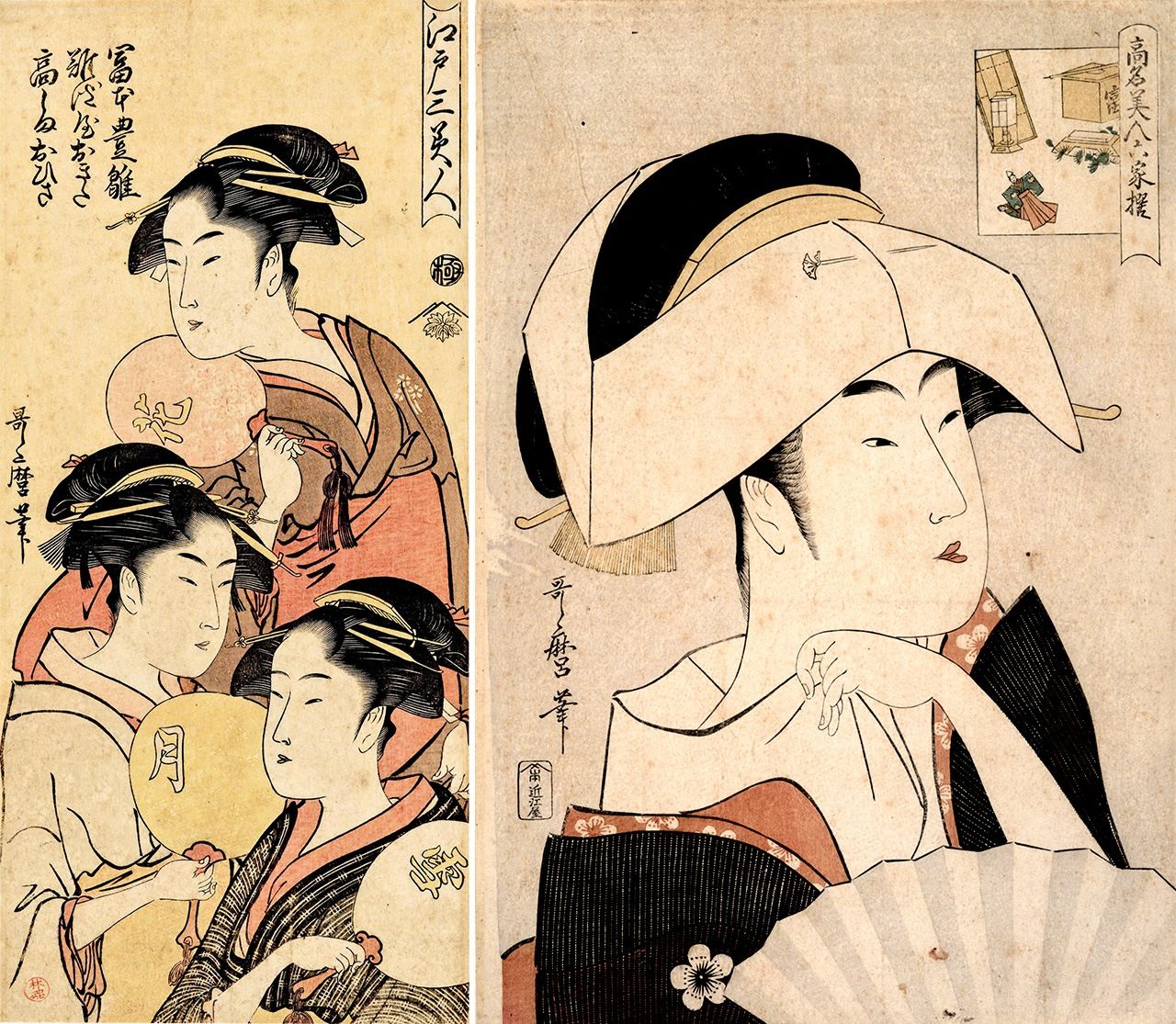 (左)『江戸三美人』/(右)判じ絵の手法を使った『高名美人六家撰 富本豊雛』。2点とも出典:ColBase