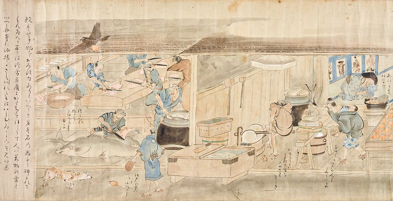 『近世職人尽絵詞』下巻、蒲鉾屋(左)と豆腐屋(右)。文章は山東京伝。 出典 : ColBase