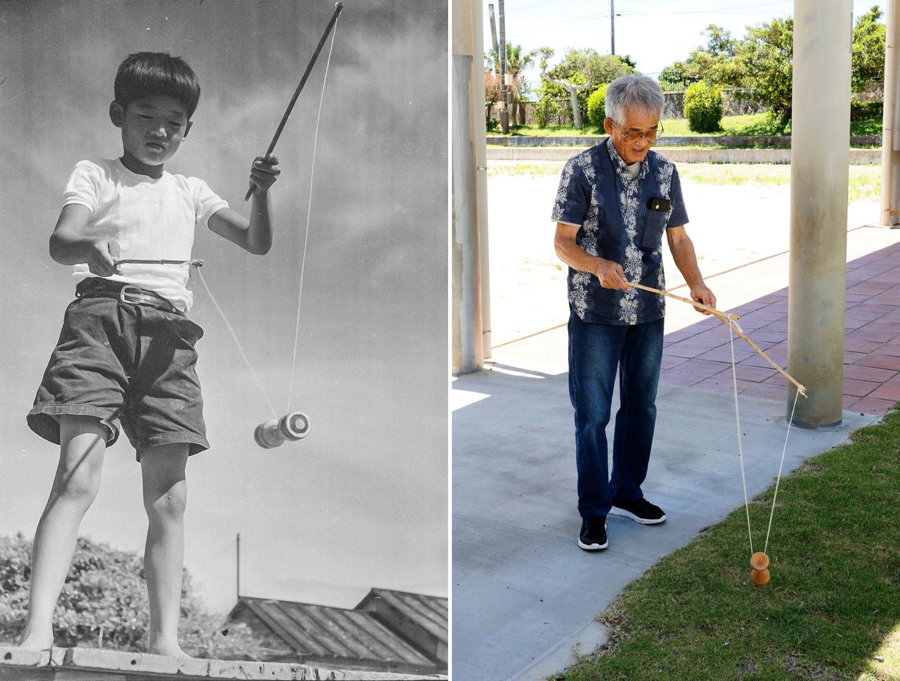 ビャーボールという郷土玩具を70年ぶりに操ってくれた(芳賀日向撮影)