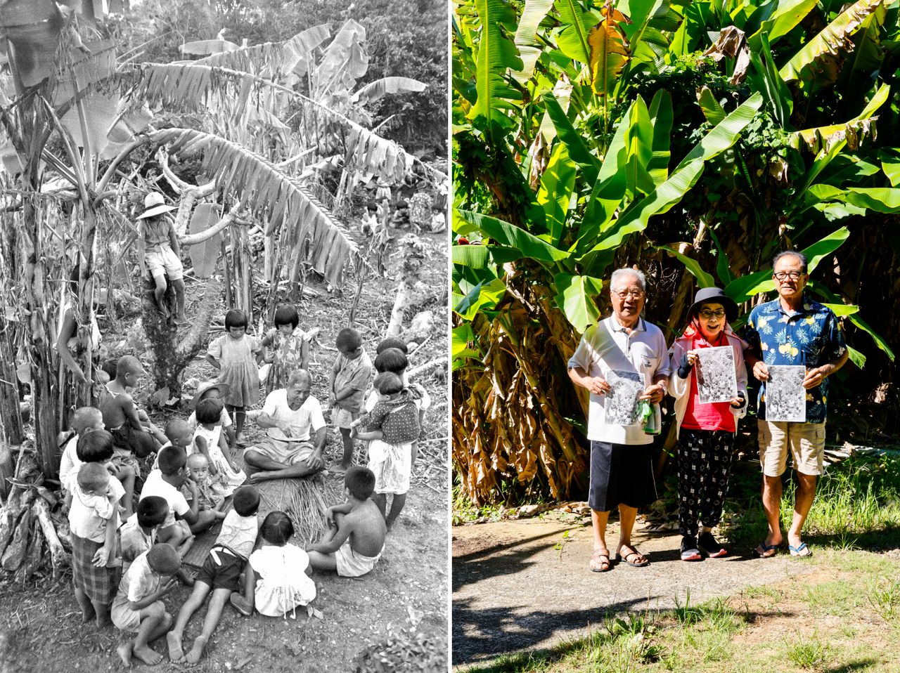 撮影地は今も亜熱帯の木々が茂る。左の男性は木の上で昔話を聞いていた少年、中央が松村さん(芳賀日向撮影)