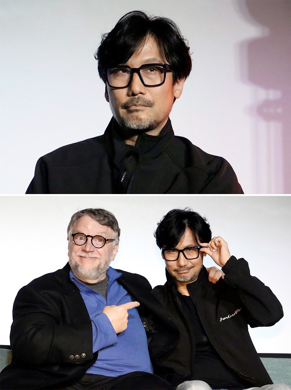 上:2025年9月24日、ギレルモ・デル・トロ監督の映画「フランケンシュタイン」(Netflix)のジャパンプレミアに登壇した小島監督 下:デル・トロ監督(左)は、『DEATH STRANDING』にキャラクターとして登場している=東京・港区のユナイテッドシネマお台場(時事)