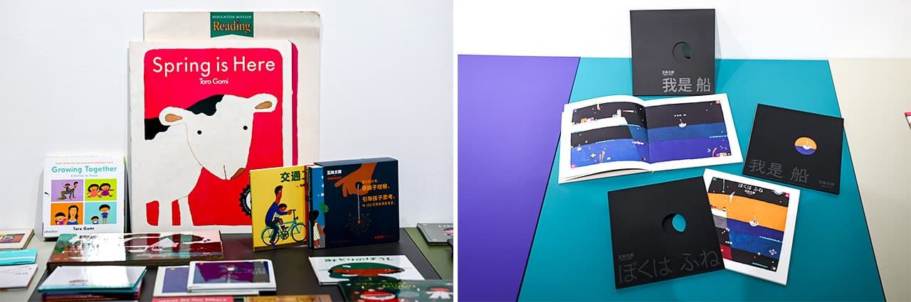 (左)『仔牛の春』(Spring is Here)は1981年のボローニャ国際絵本原画展賞受賞作。(右)79歳で刊行した『ぼくはふね』。<どこからきたの?><どこへゆくの?>と問われながら進む小さな船に、50年の絵本作家人生のさまざまな気分を託した。繁体字、簡体字でも刊行 (撮影:花井智子)