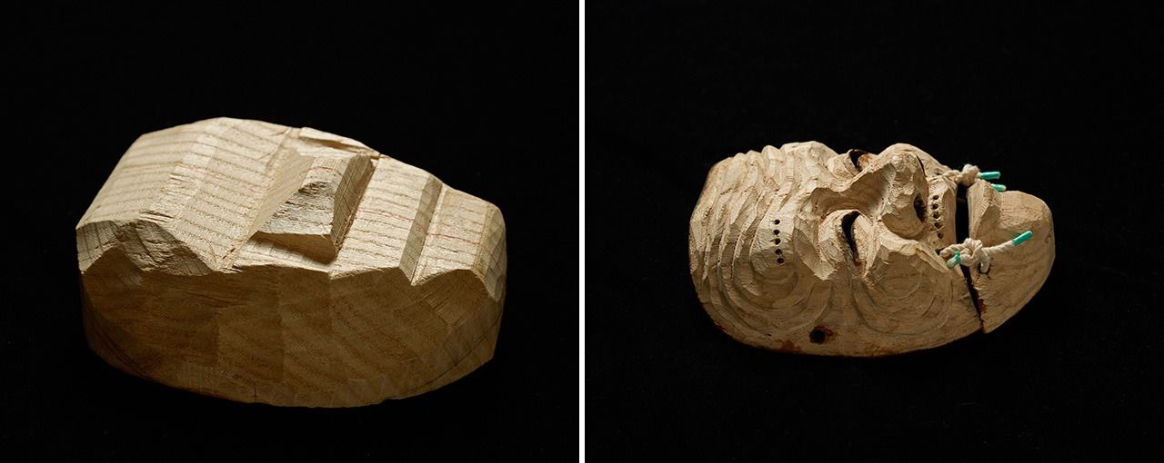 荒彫りが進む翁面(倉谷清文撮影)