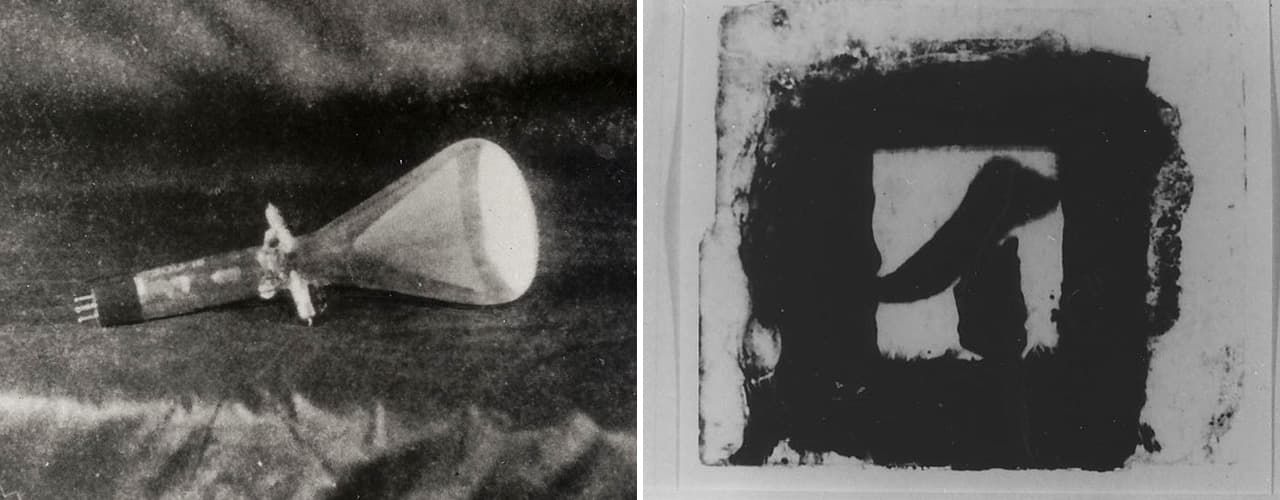 高柳が開発した世界初のテレビ用ブラウン管(左、画面直径約13センチ、走査線の数は41本)と、受像実験で被写体とした「イ」の字が書かれた雲母版(高柳健次郎財団提供)