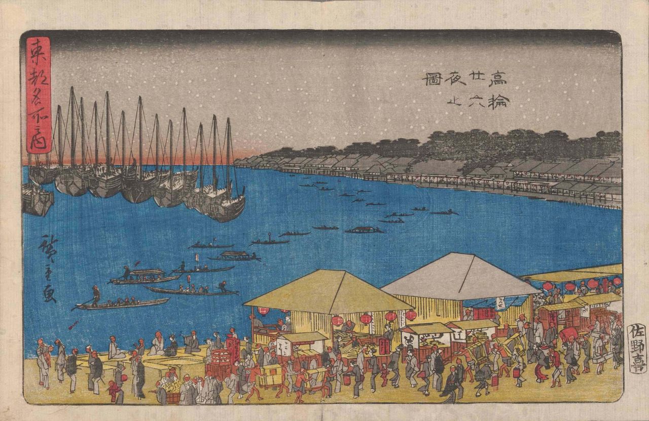 二十六夜待の日に高輪の風景。「すし」と書かれた屋台の他、蕎麦などを提供する店もある(『東都名所之内 高輪廿六夜止図』味の素食の文化センター蔵)