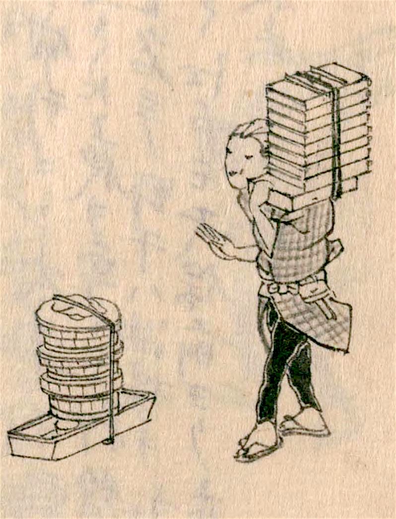 寿司を歩いて売る「鮨売」。注文を受け、配達する役割も担っていた(『守貞漫稿』国立国会図書館蔵)