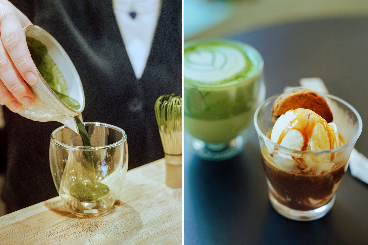 抹茶ラテと、自家製クッキーをトッピングしたアフォガートサンデー