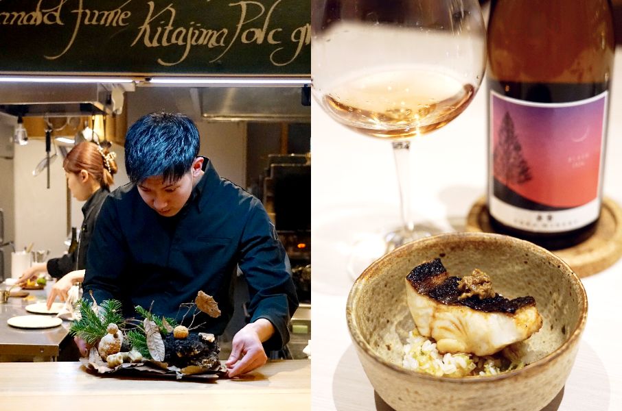 (左)Yoichi LOOPのシェフ、成田汐哉さん (右)香ばしく焼いたネホッケにふきのとう味噌を混ぜた麦飯を合わせた一品。ワインは“余市第3世代の注目株”と目されるYOKA WINERYの「余香 BLUSH2024」。3品種ブレンドによる複雑精妙な味わい