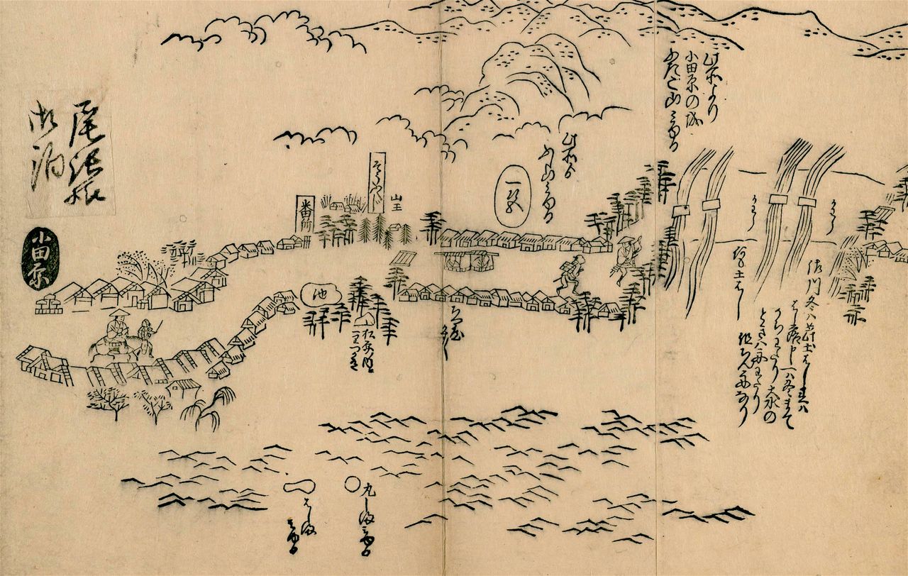 『東海道分間図』にある小田原宿。東海道の中でも最大級の規模の宿場町だった。詳細は記されていないが、左側上の大きな建物が本陣・問屋場だろうと推測される。国立国会図書館所蔵