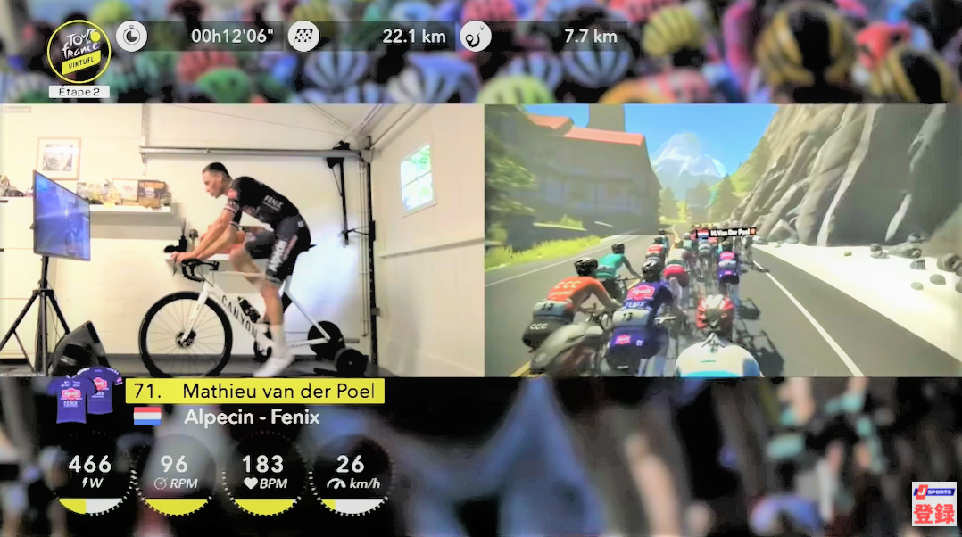 「バーチャル ツール・ド・フランス」では、平坦ステージ、丘陵ステージ、山岳ステージなど6つのステージが用意され、画面には走行速度、ペダル回転数、心拍数なども表示。日本国内ではジェイ・スポーツ(J SPORTS)が生中継/LIVE配信した。