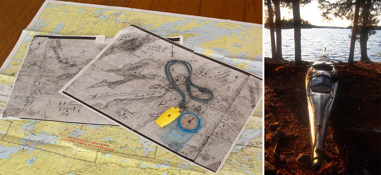 ジム・ブランデンバーグに会いにいく旅で使った地図、コンパス、そしてカヤック（右、撮影：1999年）