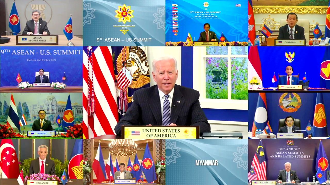 U.S. President Joe Biden speaks during the virtual ASEAN U.S. Summit, hosted by ASEAN Summit Brunei, in Bandar Seri Begawan, Brunei October 26, 2021. ASEAN SUMMIT 2021 HOST PHOTO/Handout via REUTERS