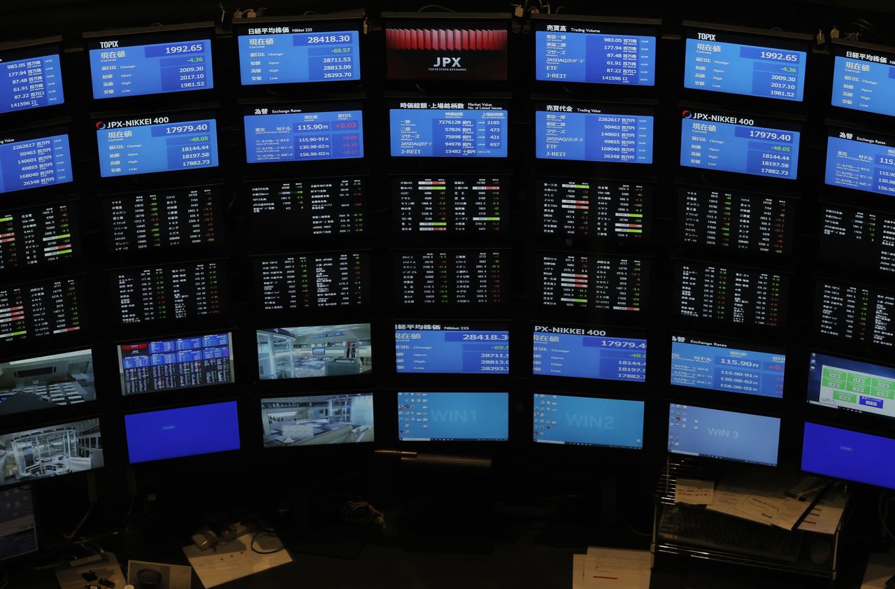 3月3日、前場の東京株式市場で、日経平均は前営業日比215円18銭高の2万6608円21銭と、反発して午前の取引を終えた。東証で1月撮影(2022年 時事通信)