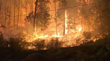 カナダ西部ブリティッシュコロンビア州近郊の火災の様子。Nikki　Goyerのソーシャルメディアの動画から＝18日（ロイター＝共同）