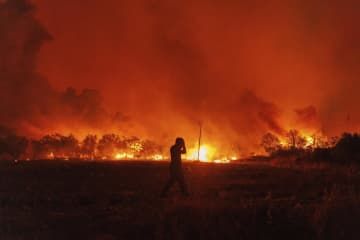 ギリシャ北部の森林に広がる山火事＝21日（AP＝共同）