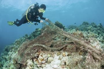 サンゴに絡まった古い漁網＝2009年4月、フィリピン・パラワン島沖（Jurgen　Freund氏・WWF提供）