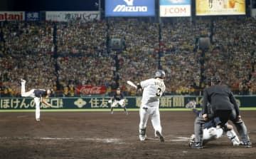 9回阪神1死満塁、大山が左前にサヨナラ打を放つ。投手ワゲスパック＝1日、甲子園