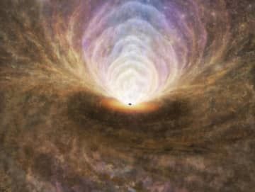 ブラックホール（中心の黒い点）に落ちていったガスが吹き飛ばされている様子のイメージ図。上側が吹き飛ばされているガス＝ALMA（ESO/NAOJ/NRAO）、T.IZUMI氏ら提供