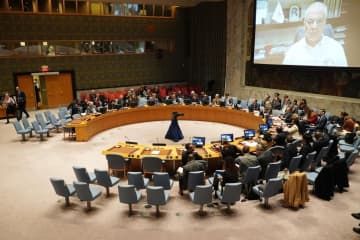 国連安保理が開いたパレスチナ自治区ガザの情勢を協議する緊急公開会合＝10日、米ニューヨーク（共同）