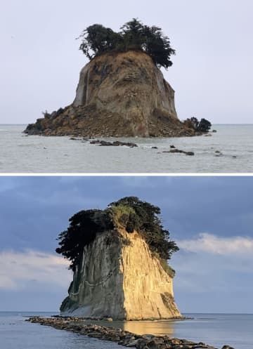 能登半島地震の影響で大きく崩落した（上、10日）と、地震前（2022年12月）の石川県珠洲市の「見附島」