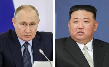 ロシアのプーチン大統領（左）、北朝鮮の金正恩朝鮮労働党総書記（いずれもタス＝共同）