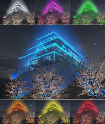 ライトアップされた福岡城跡の「幻の天守閣」のイメージ。日時によって7色のライトアップが楽しめる（福岡市提供）