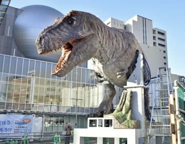 JR福井駅西口広場で、設置作業が始まったティラノサウルスのロボット＝30日午前、福井市