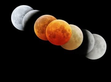 2022年11月、山口県美祢市で見られた皆既月食。午後6時29分から9時29分に撮影した7枚を右から並べると、丸い地球の影が浮かび上がった（赤道儀使用）