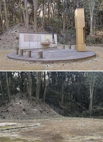 群馬県立公園「群馬の森」の朝鮮人労働者の追悼碑（1月27日、上）。同県が行政代執行で撤去し更地となっていた（3日）