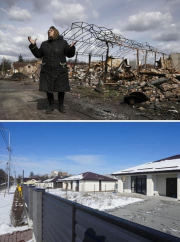 2022年4月(上)と今月18日のウクライナ・キーウ近郊ブチャ。ロシア軍との激しい衝突で破壊された町は、新たな住居や歩道が整備されていた(共同)