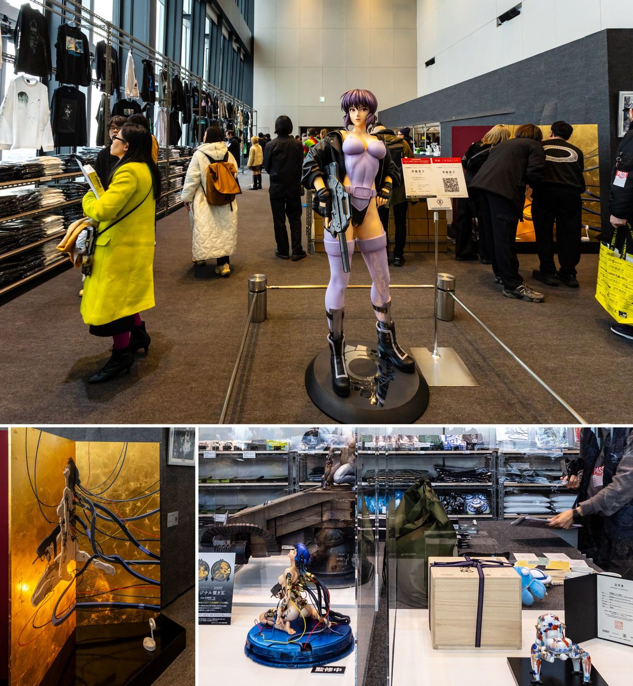 国内外のアーティストやブランドとのコラボアイテムが80種類以上。会場でお披露目した草薙素子1/1スケールスタチュー(上)は、50体限定の受注販売で132万円