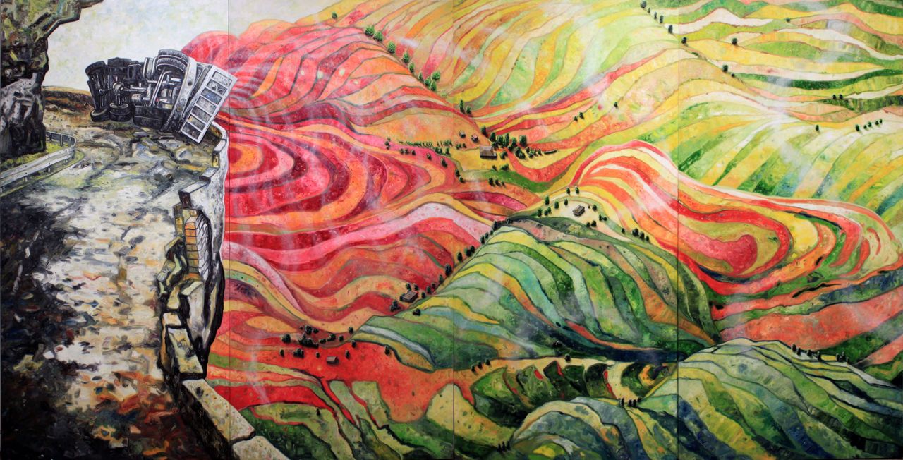 『事故』2013年 油彩/キャンバス 縦227センチ、横444センチ 作家蔵(提供:金沢21世紀美術館)