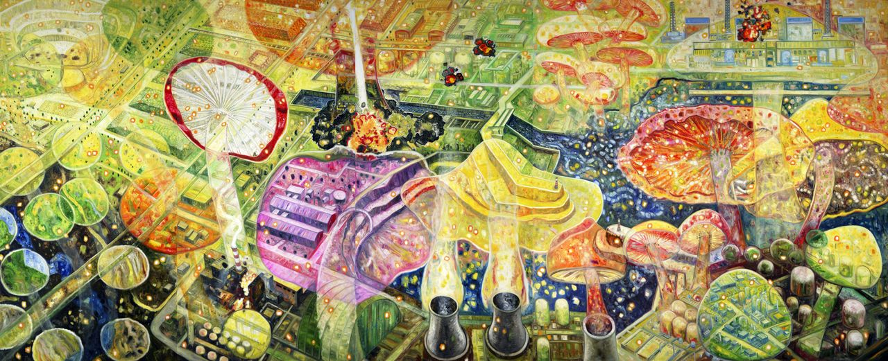 『キノコの森』2016年 油彩/キャンバス 縦227センチ、横555センチ 作家蔵(提供:金沢21世紀美術館)